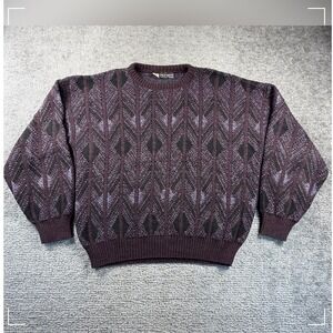 Peter England Vintage 90s Wool Blend Geometric Grandpa Sweater XL Italy Purple